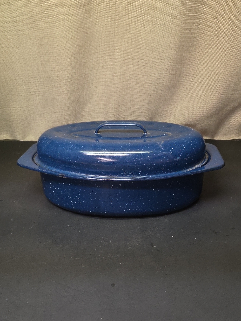 Vintage 12-3/4" Blue with White Speckled Enamel Roasting Pan and Lid